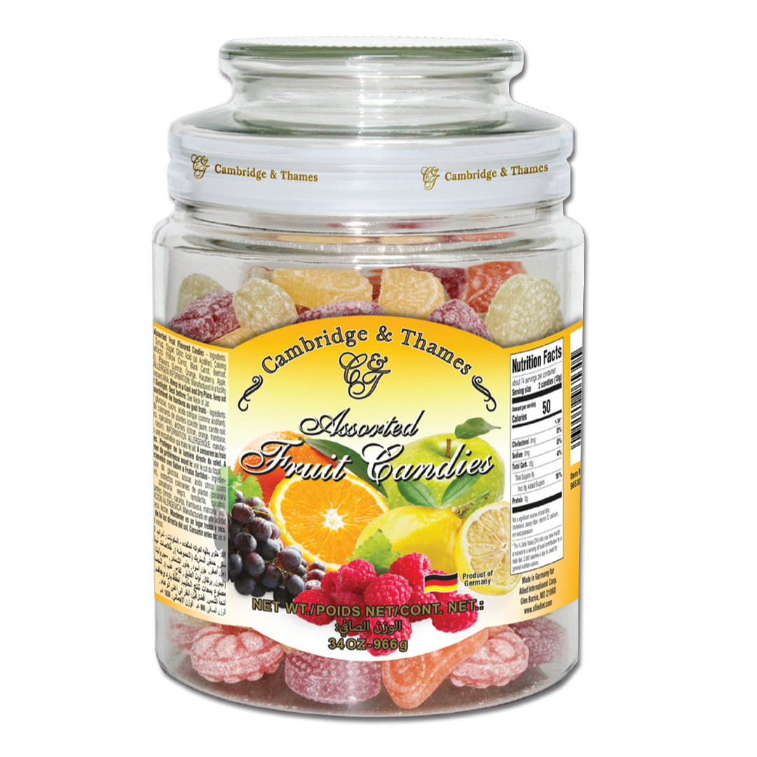 Assorted Fruit Shaped Candies – 34oz – 966g glass jar